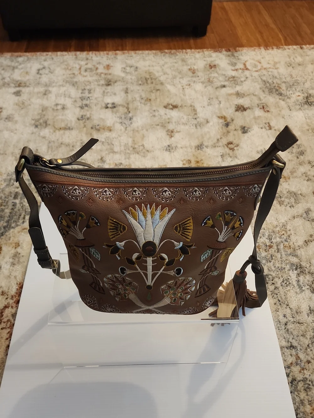 Sharif 1827 Egyptian Lotus Hobo/Crossbody Leather Bag. Embroidered Leather. 9×11